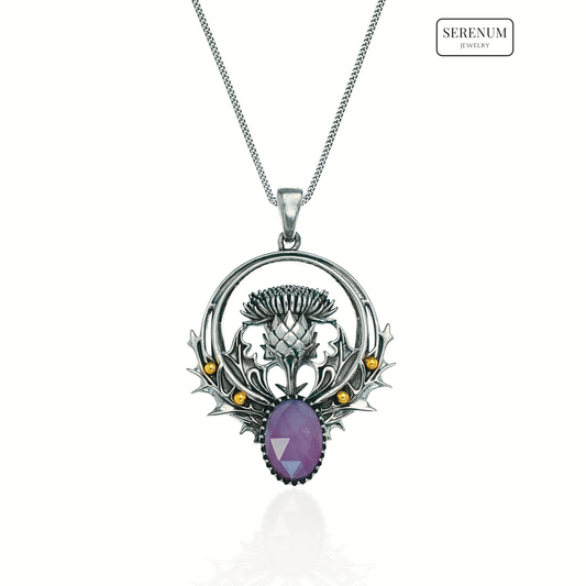 Silver Thistle Flower Necklace with Amethyst