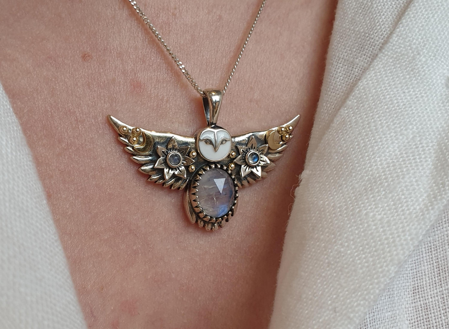 Silver Flying Owl Necklace with Moonstones