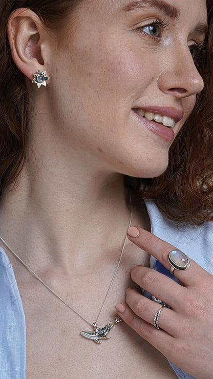 Silver Dainty Whale Necklace with Moonstones