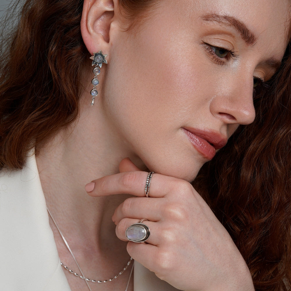 Silver Flower Drop Earrings with Moonstones