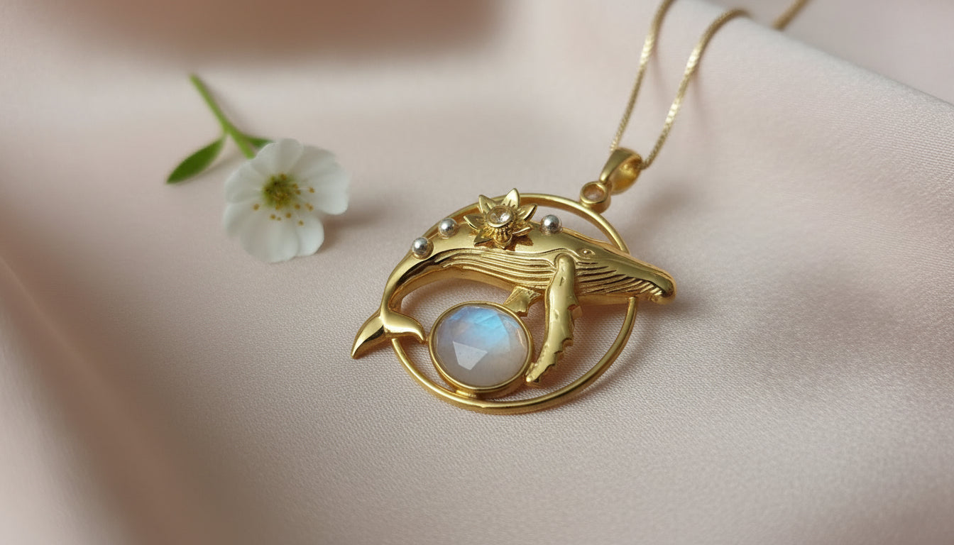 Gold Dainty Whale Necklace with Moonstones