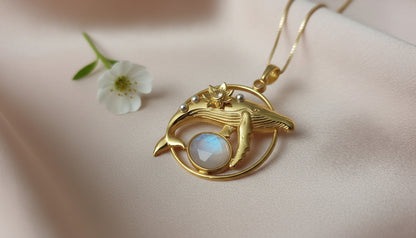 Gold Dainty Whale Necklace with Moonstones
