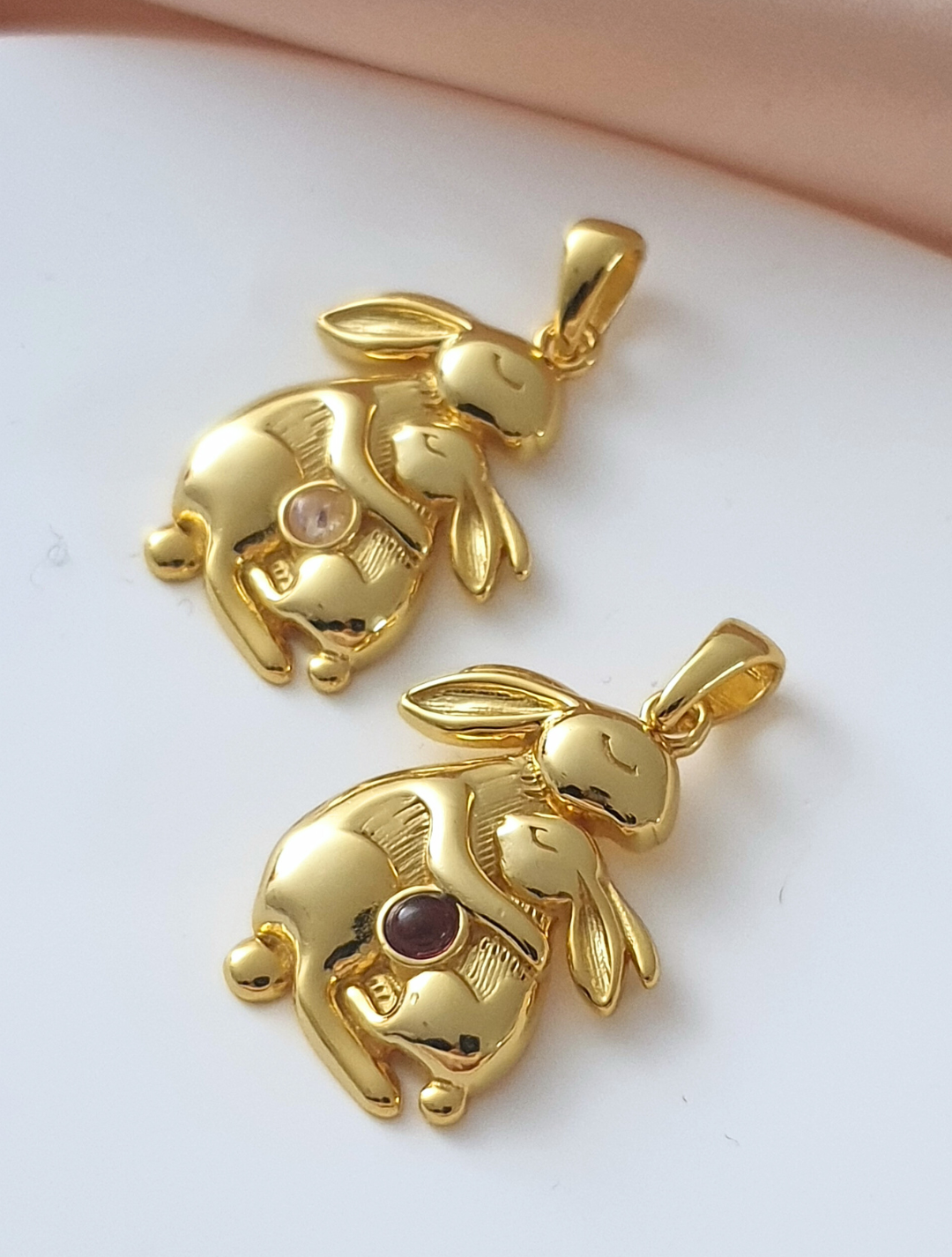 18k Gold Mum and Baby Bunny Necklace with Garnet
