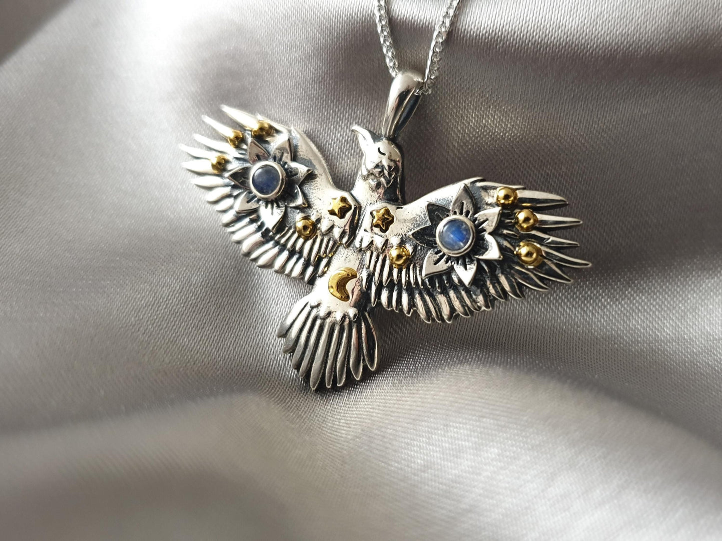 Silver Flying Crow Necklace with Moonstones