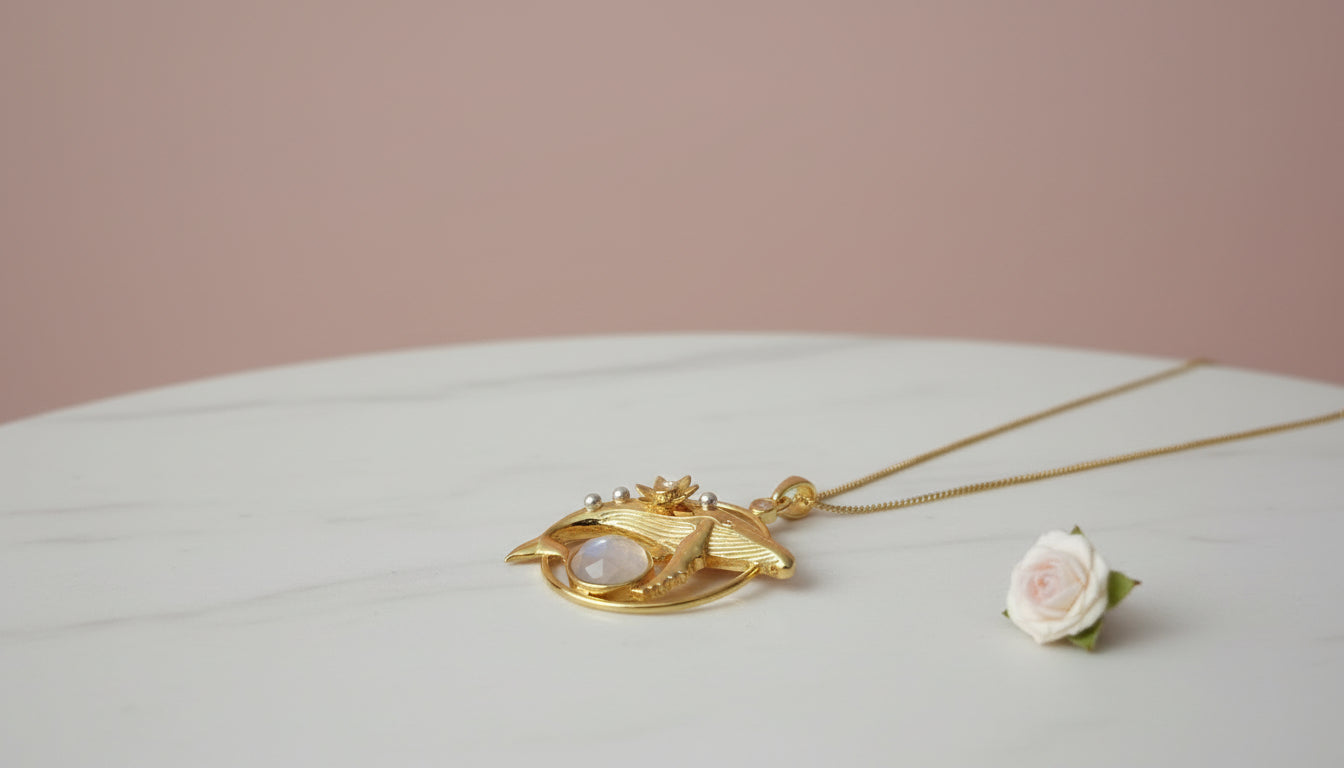 Gold Dainty Whale Necklace with Moonstones