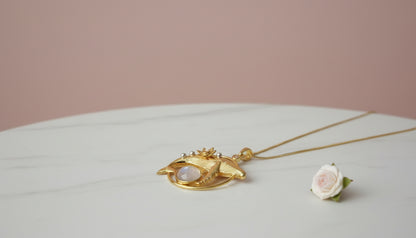 Gold Dainty Whale Necklace with Moonstones