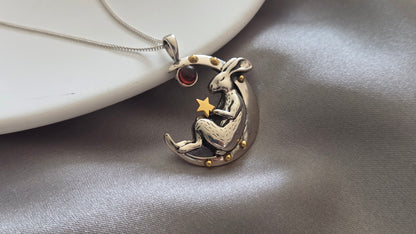Silver Sleeping Bunny on Moon Necklace with Moonstones