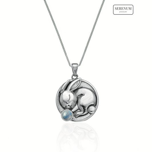 Silver Coin Bunny Necklace with Moonstone