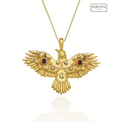 Gold Flying Crow Necklace with Garnets