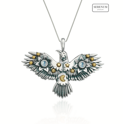 Silver Flying Crow Necklace with Moonstones