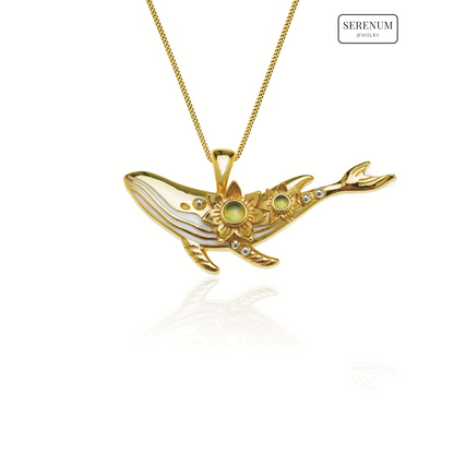 Gold Dainty Whale Necklace with Aquamarines