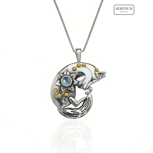 Silver Sleeping Fox Necklace with Moonstones