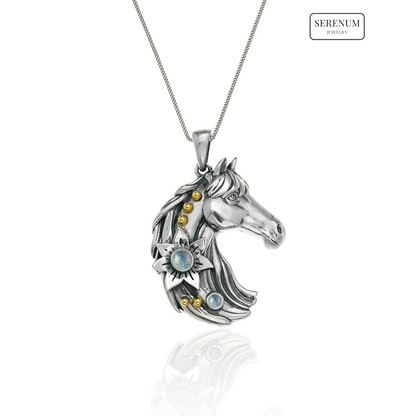 Silver Horse Necklace with Moonstones