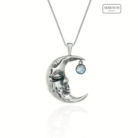 Silver Moon Crescent Necklace with Moonstone