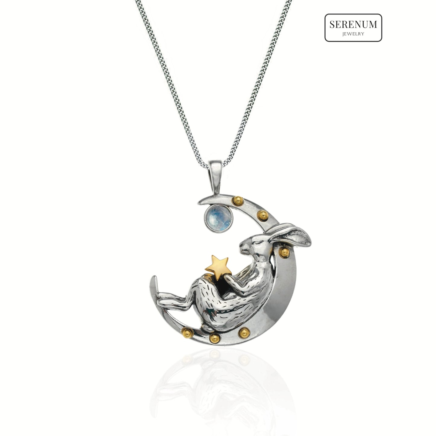 Silver Sleeping Bunny on Moon Necklace with Moonstones