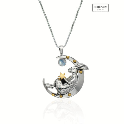 Silver Sleeping Bunny on Moon Necklace with Moonstones