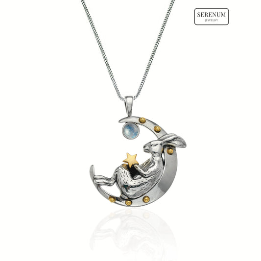 Silver Sleeping Bunny on Moon Necklace with Moonstones