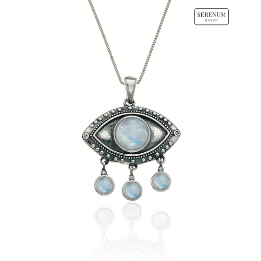 Silver Eye Necklace with Dangling Moonstones