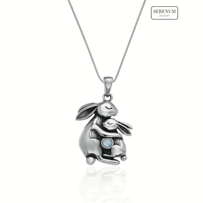 Silver Mum and Baby Bunny Necklace with Moonstone