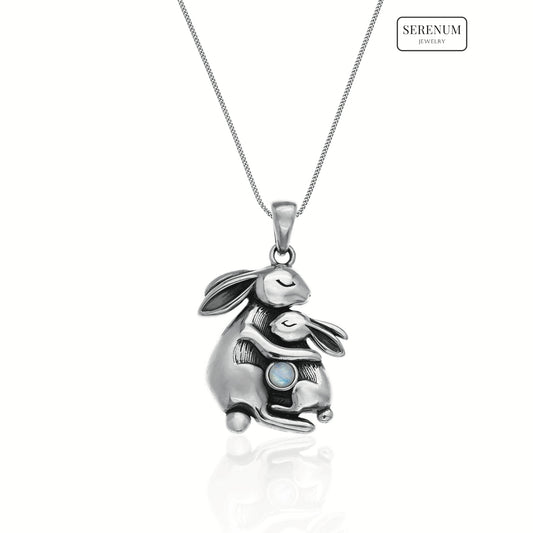 Silver Mum and Baby Bunny Necklace with Moonstone
