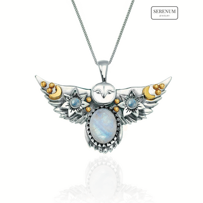 Silver Flying Owl Necklace with Moonstones