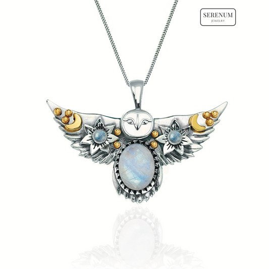 Silver Flying Owl Necklace with Moonstones