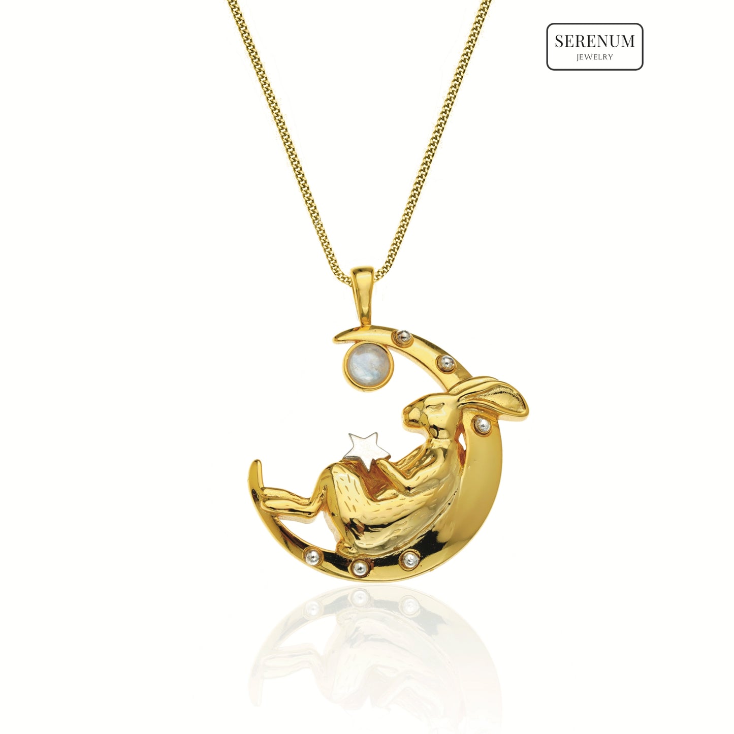 Gold Sleeping Bunny on Moon Necklace with Garnet