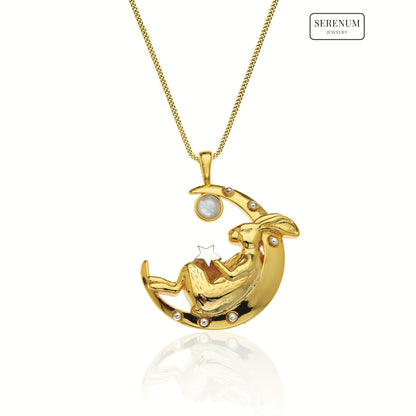 Gold Sleeping Bunny on Moon Necklace with Garnet