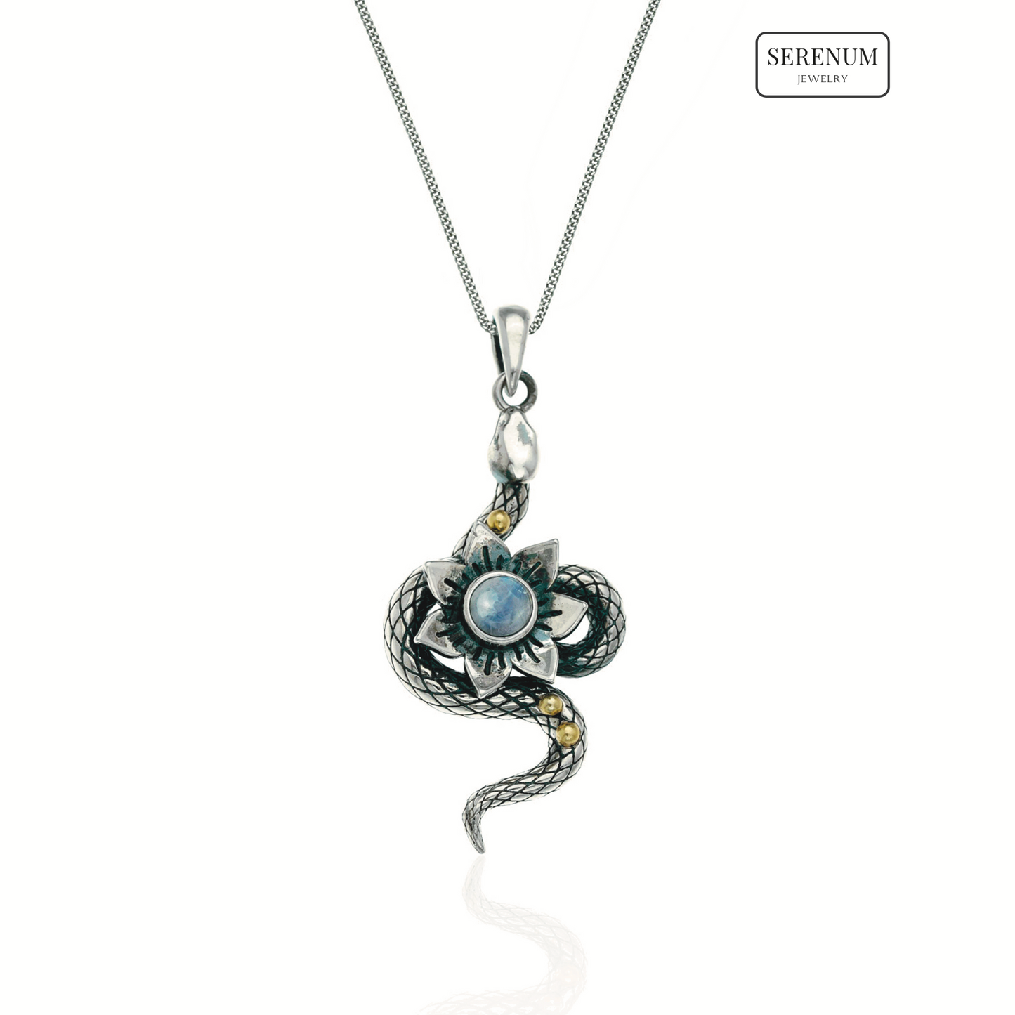 Silver Serpent Snake Necklace with Moonstones