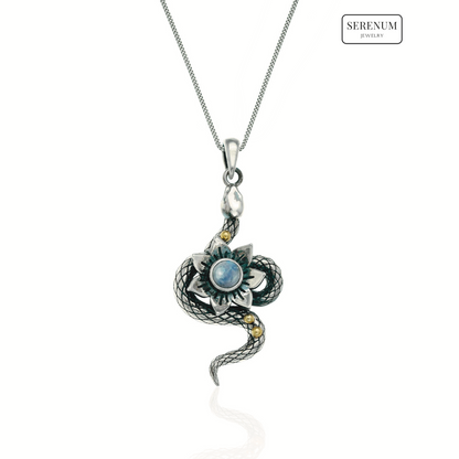 Silver Serpent Snake Necklace with Moonstones