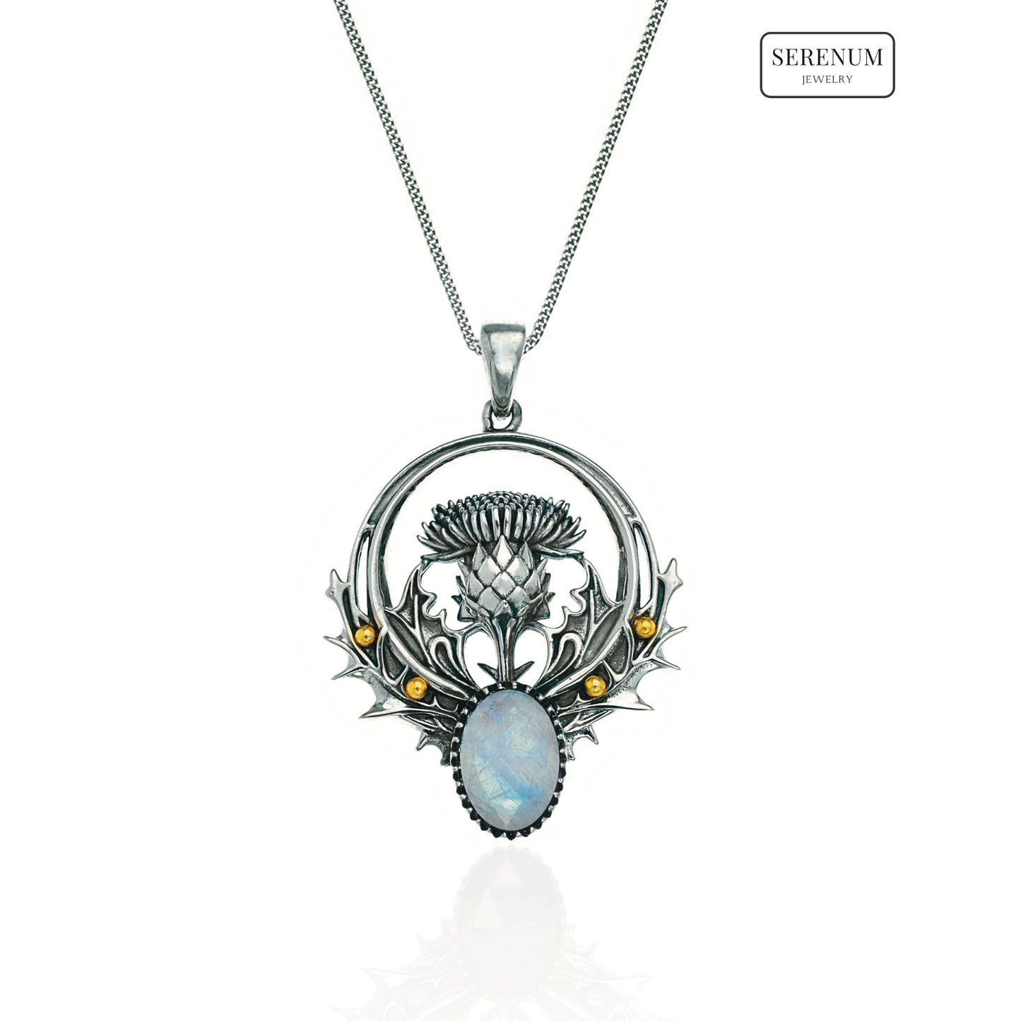 Silver Thistle Flower Necklace with Moonstone