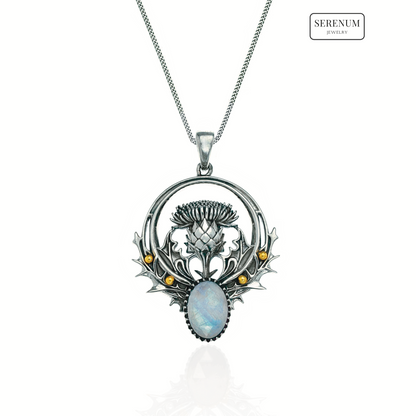 Silver Thistle Flower Necklace with Moonstone