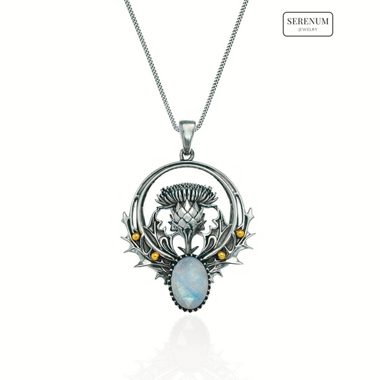 Silver Thistle Flower Necklace with Moonstone