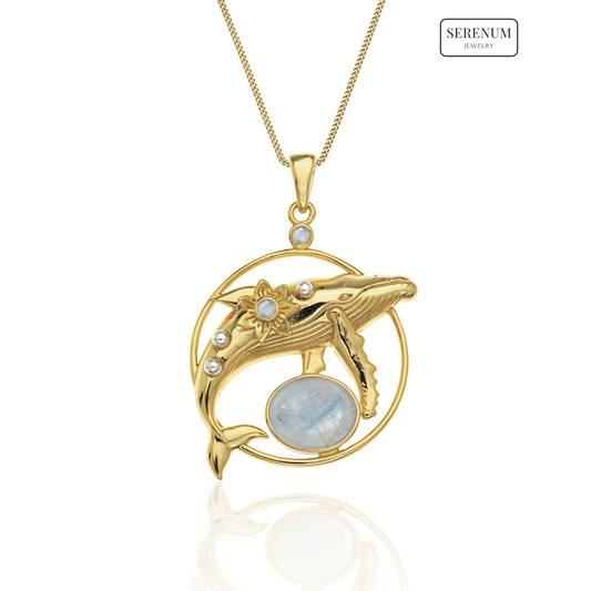 Gold Dainty Whale Necklace with Moonstones