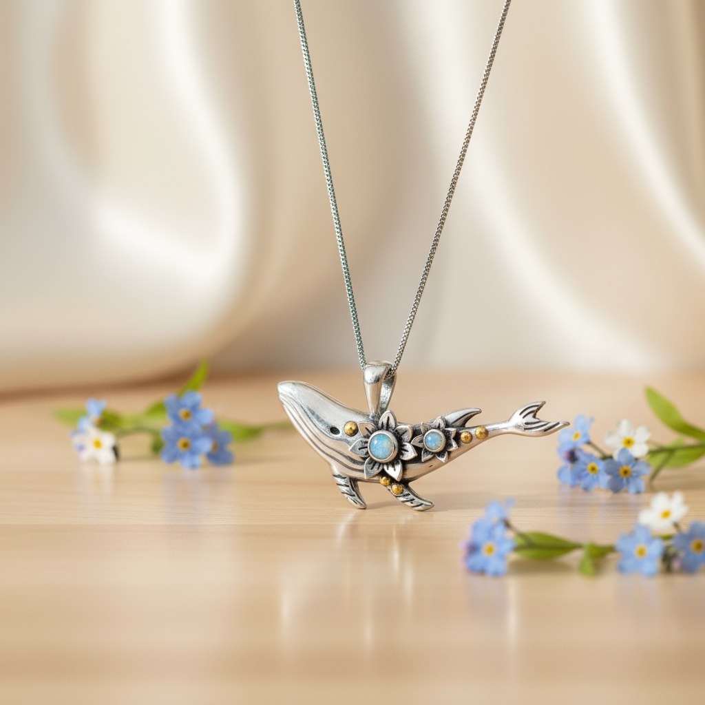 Silver whale pendant necklace with gemstones on a white background, branded 'Serenum'.