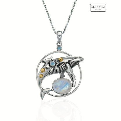 Silver Deepwater Whale Pendant with Moonstones