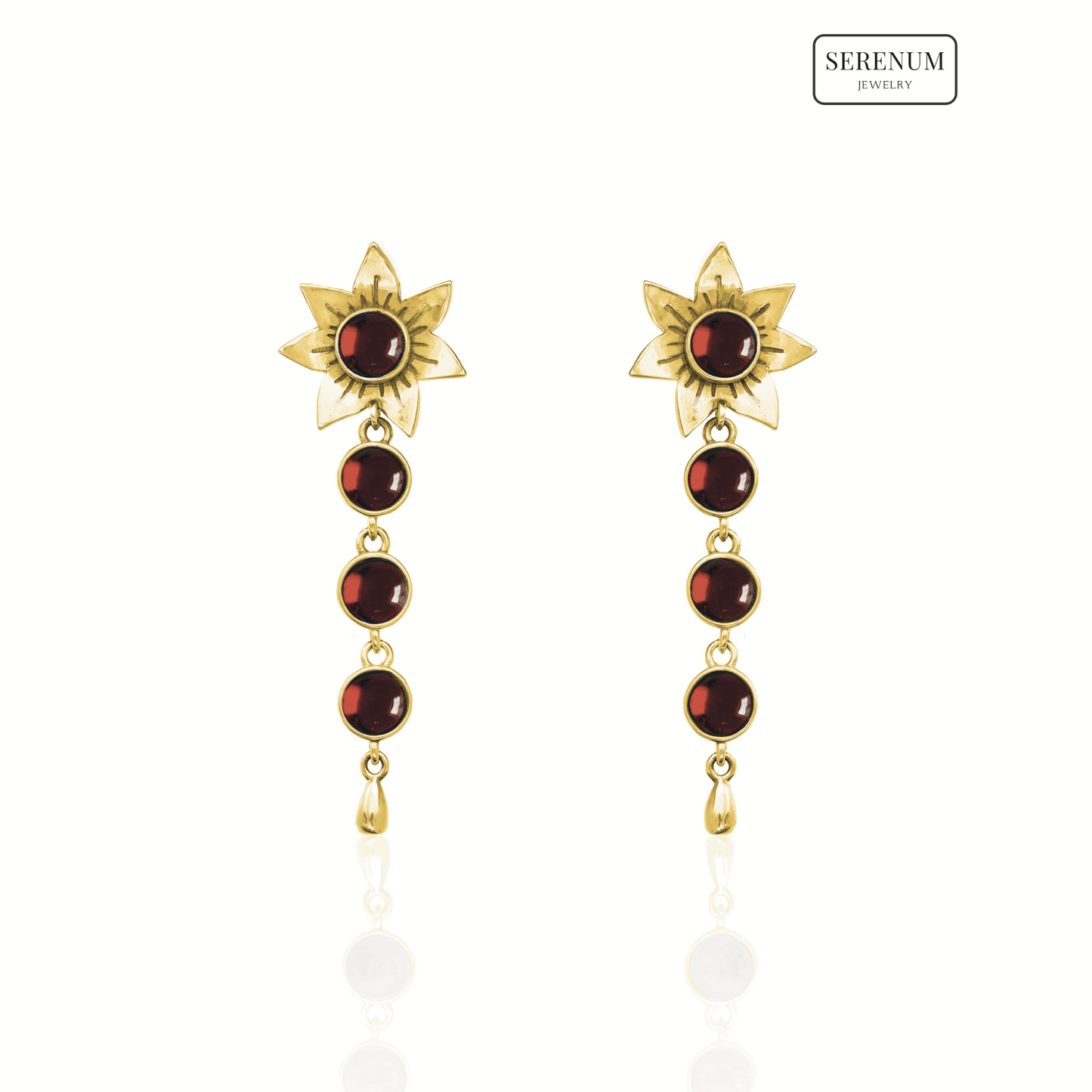 Gold Flower Drop Earrings with Garnets