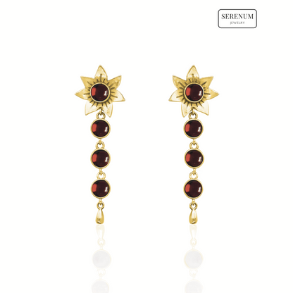 Gold Flower Drop Earrings with Garnets