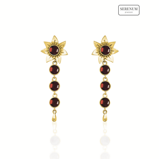 Gold Flower Drop Earrings with Garnets