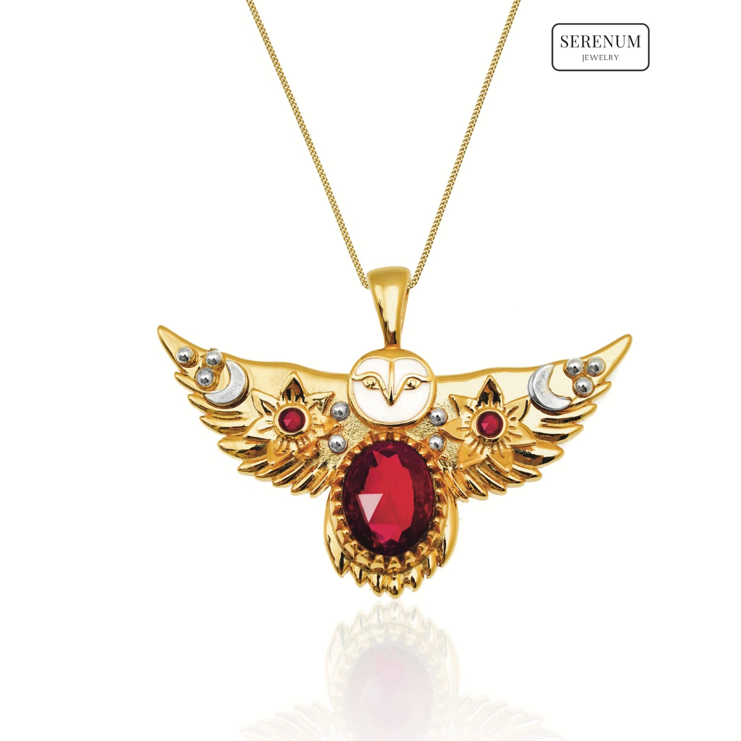 Gold Flying Owl Necklace with Ruby gemstones