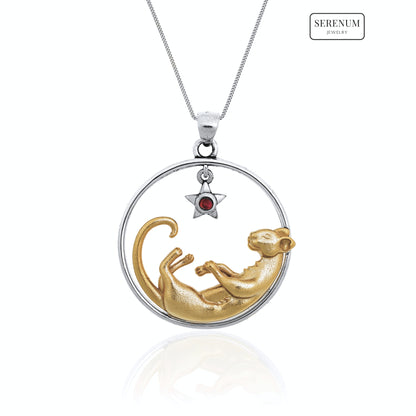 Silver and Gold Lioness Necklace with Garnet