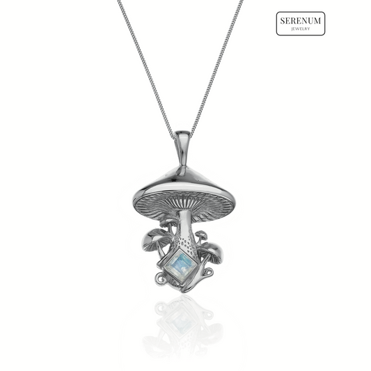 Silver Mushroom Necklace with Moonstone