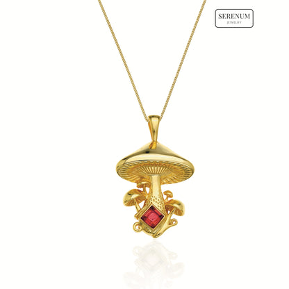 Gold Mystical Mushroom Necklace with Garnet