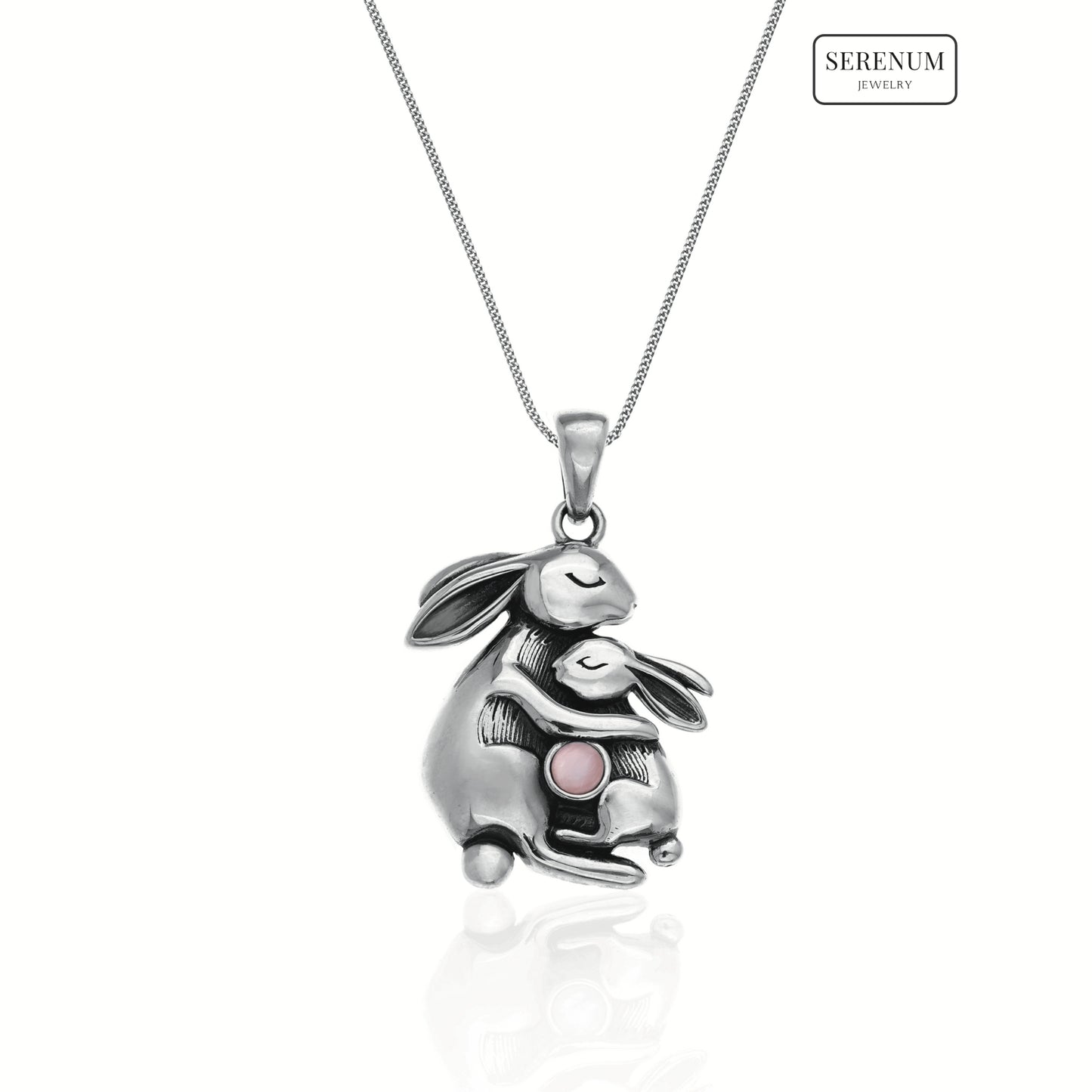 Silver Mum and Baby Bunny Necklace with Moonstone