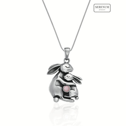 Silver Mum and Baby Bunny Necklace with Moonstone