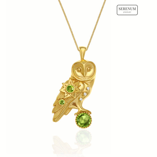 Gold Oracle Owl Pendant with Peridots