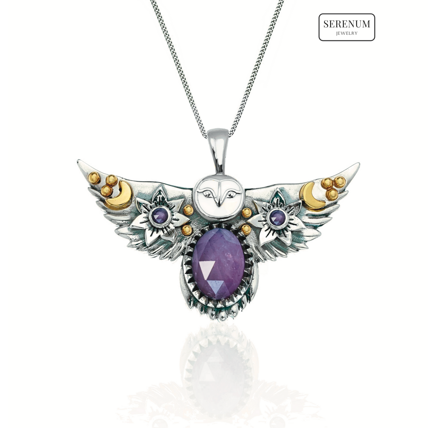 Silver Flying Owl Necklace with Moonstones