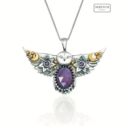 Silver Flying Owl Necklace with Moonstones