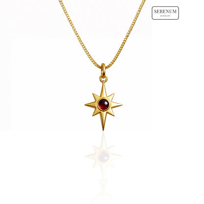 18k Gold North Star Pendant with Garnet