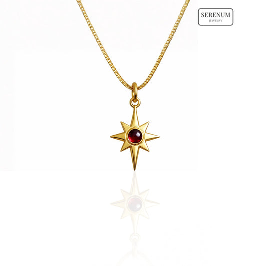 18k Gold North Star Pendant with Garnet